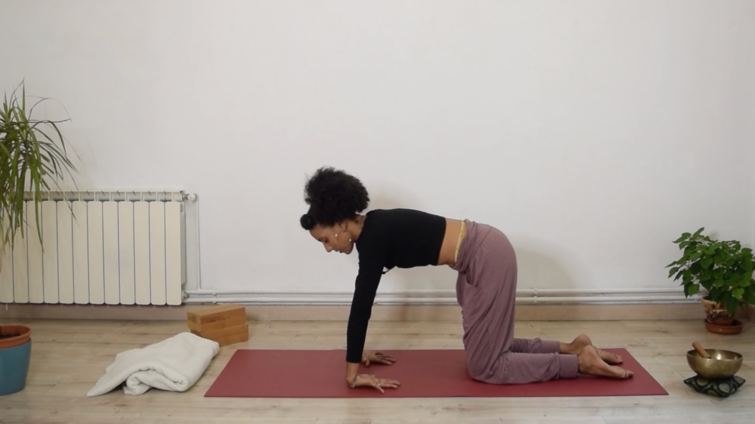Yoga instructor Laia Bové on all fours, gently pressing the backs of her hands against the mat to stretch her wrists.